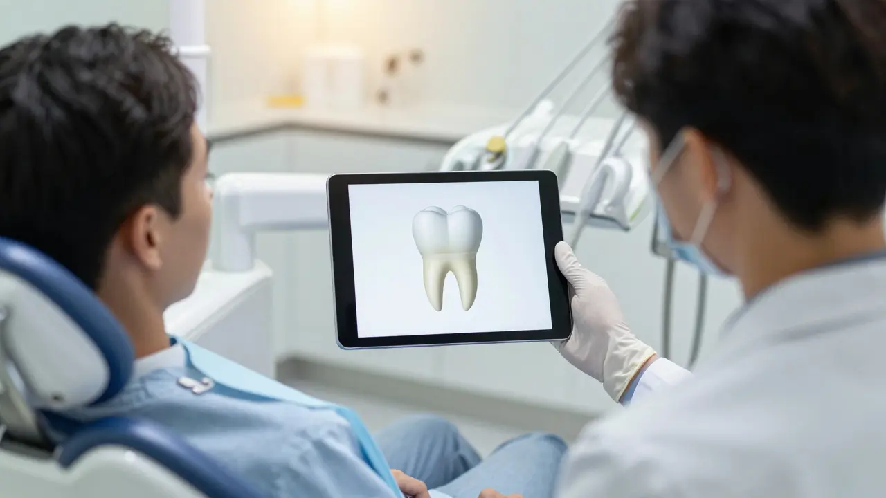 Zubní lékař vysvětluje pacientovi plán léčby s pomocí digitálního modelu