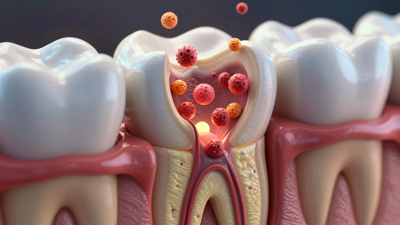 3D řez zuba zobrazující bakterie pronikající emailem do dentinu