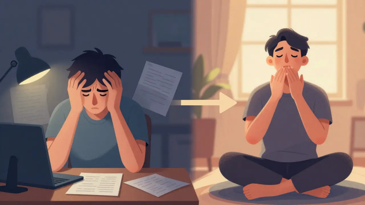 Konceptuální ilustrace: stres versus relaxace při řešení bruxismu.