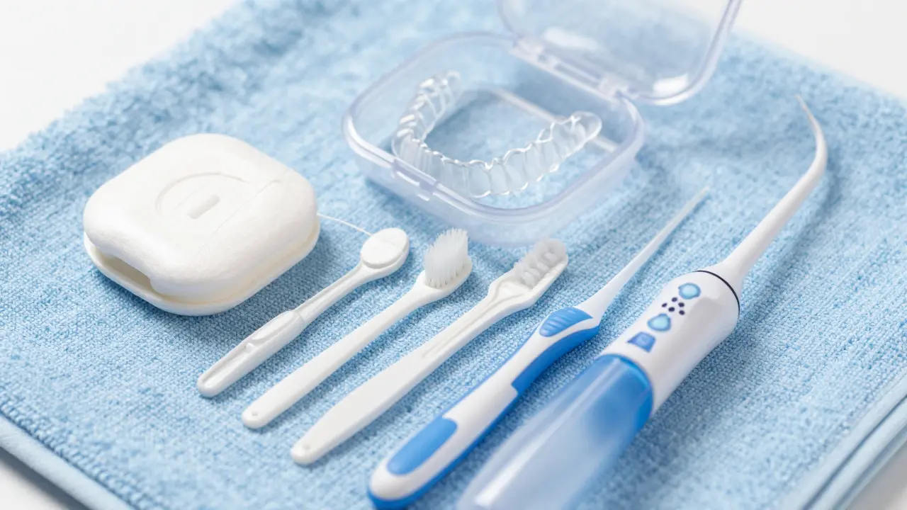 Nářadí pro ústní hygienu včetně nitě, kartáčku a retaineru pro péči o zuby
