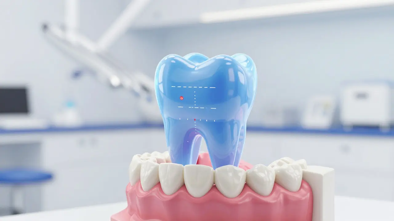 3D vizualizace nesprávného skusu a tlaku na zubní korunku