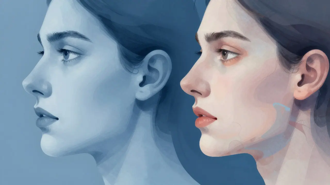 Abstraktní ilustrace asymetrie obličeje způsobené špatným postavením zubů