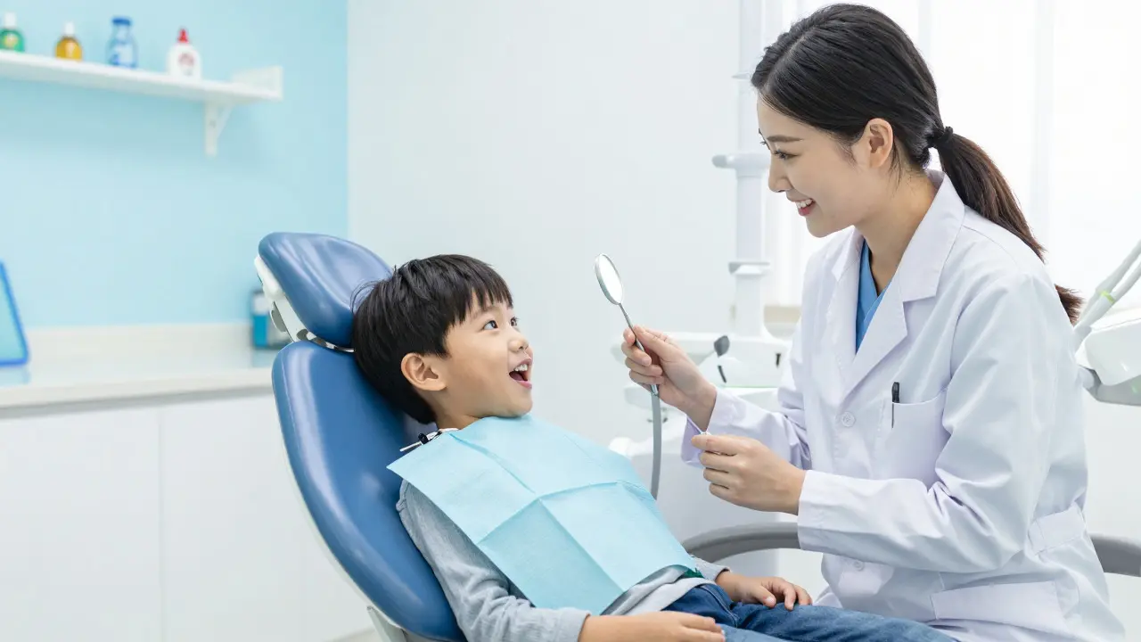 Child sitting in a dental chair during a routine check-up
