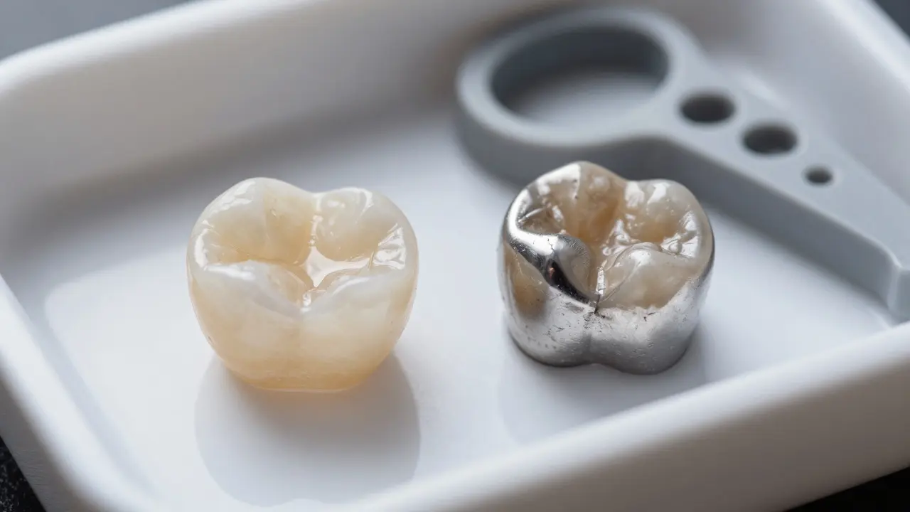 Close-up of zirconia and metal dental crowns displayed on a tray