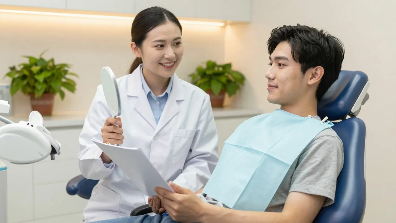 Dentist explaining treatment options to a relaxed patient in a comfortable office