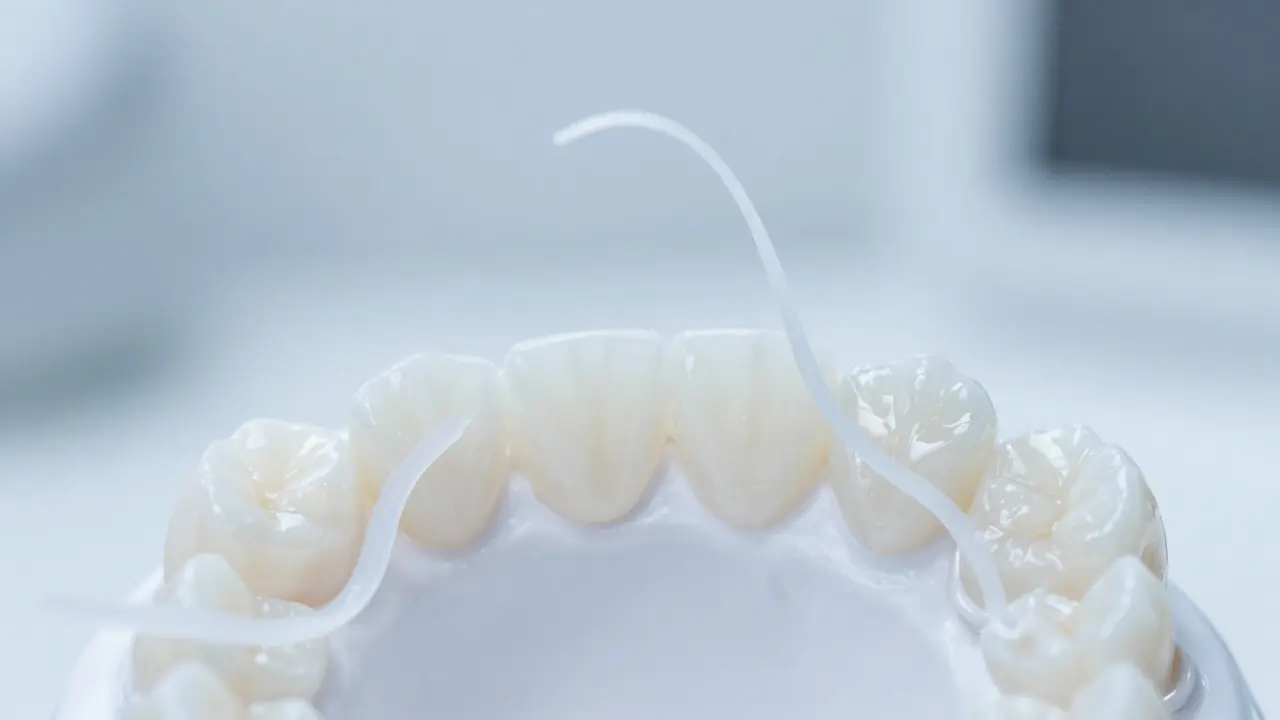 Detailní záběr aplikování bělicích pásek na zuby
