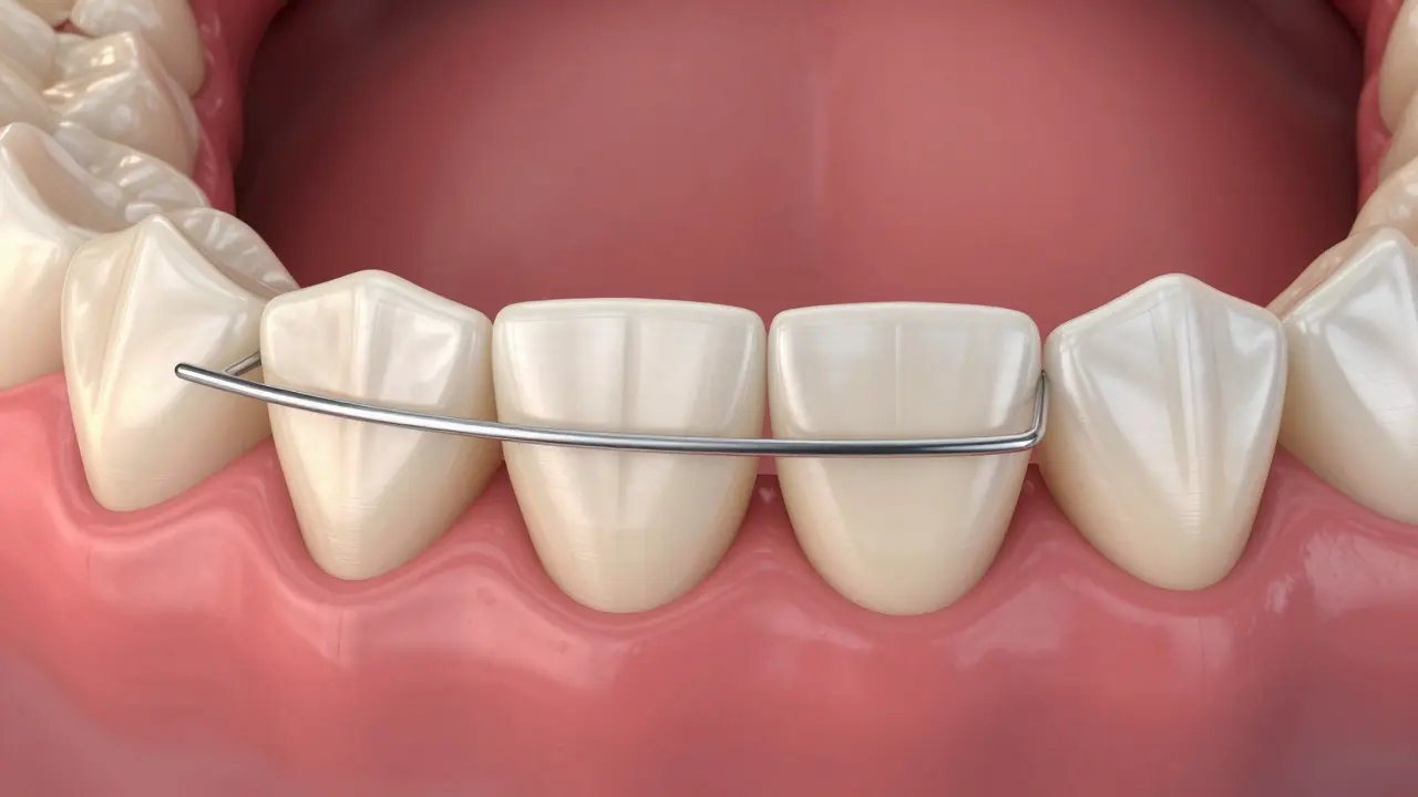 Fixní retainer drát přilepený na zadní straně předních zubů