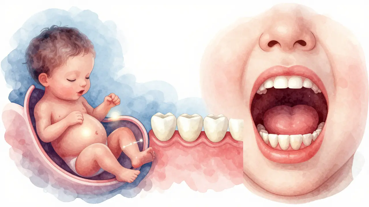 Illustration of fetal tooth bud development transitioning to toddler teeth