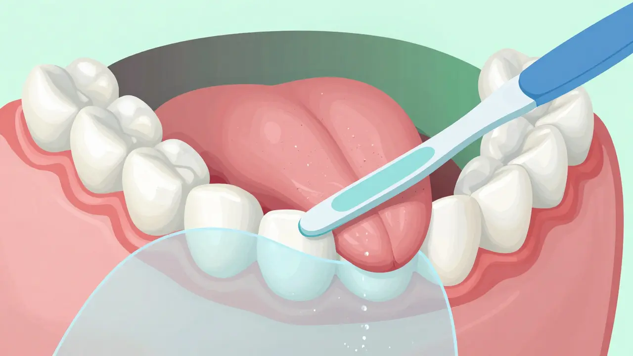 Konceptuální ilustrace čistého jazyka a chráněných zubů v rámci kompletní dentální hygieny