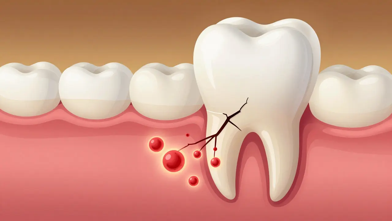 Schematický řez zubem ukazující bakterie pronikající do dentinu po prasklině