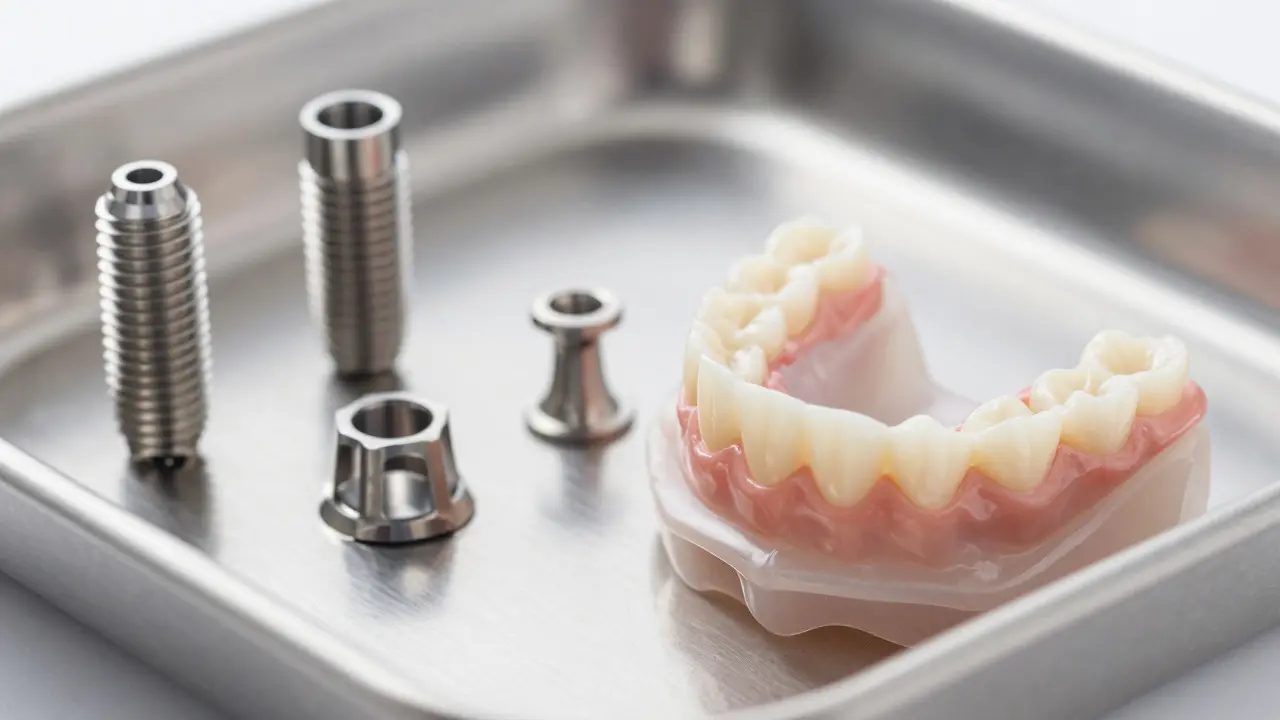Titanové implantáty a hybridní zubní náhrada na chirurgickém podnose