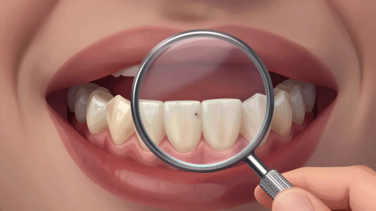 Zblízka ruka drží dentální zrcátko a zkoumá zadní moláry v ústech