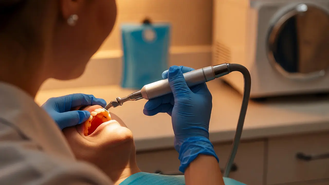 Dentální hygienista používá ultrazvukový skaler při ošetření pacienta