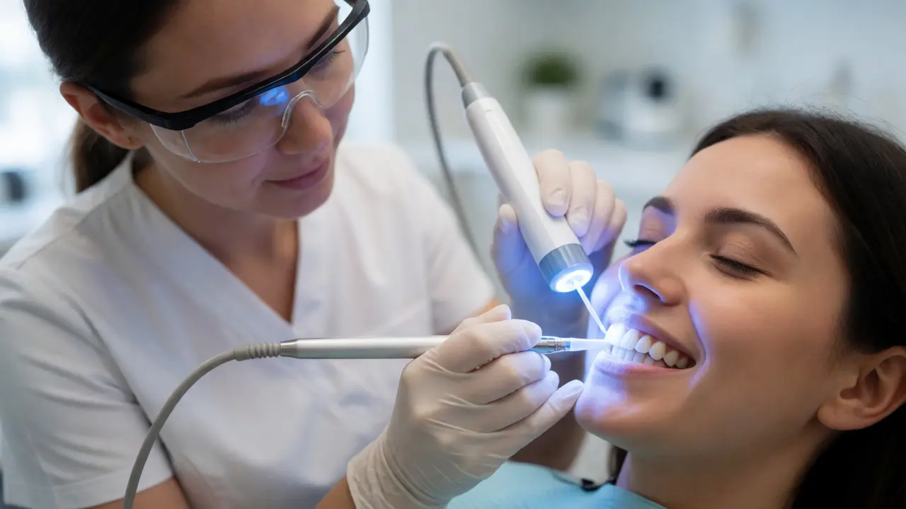 Dentální hygienistka aplikuje bělicí gel s aktivací světlem během procedury Pure Whitening.
