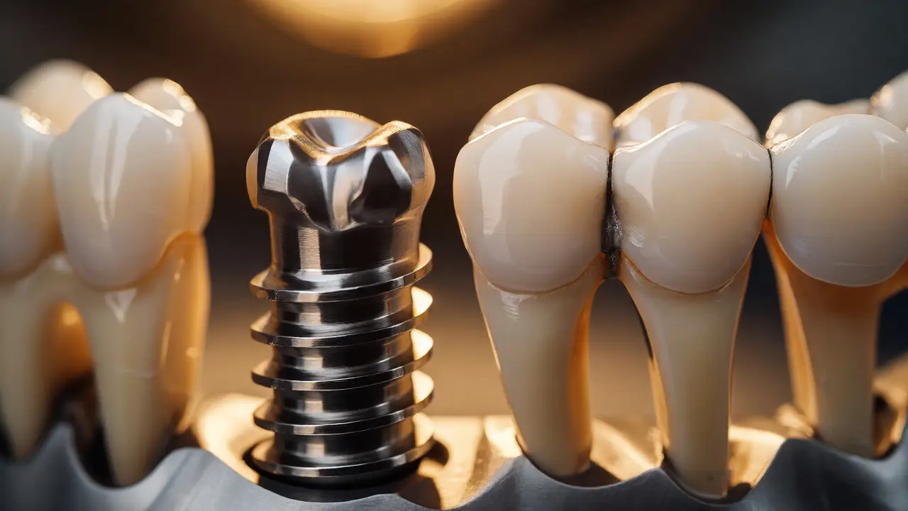 Detail titanového implantátu a keramické korunky v laboratoři