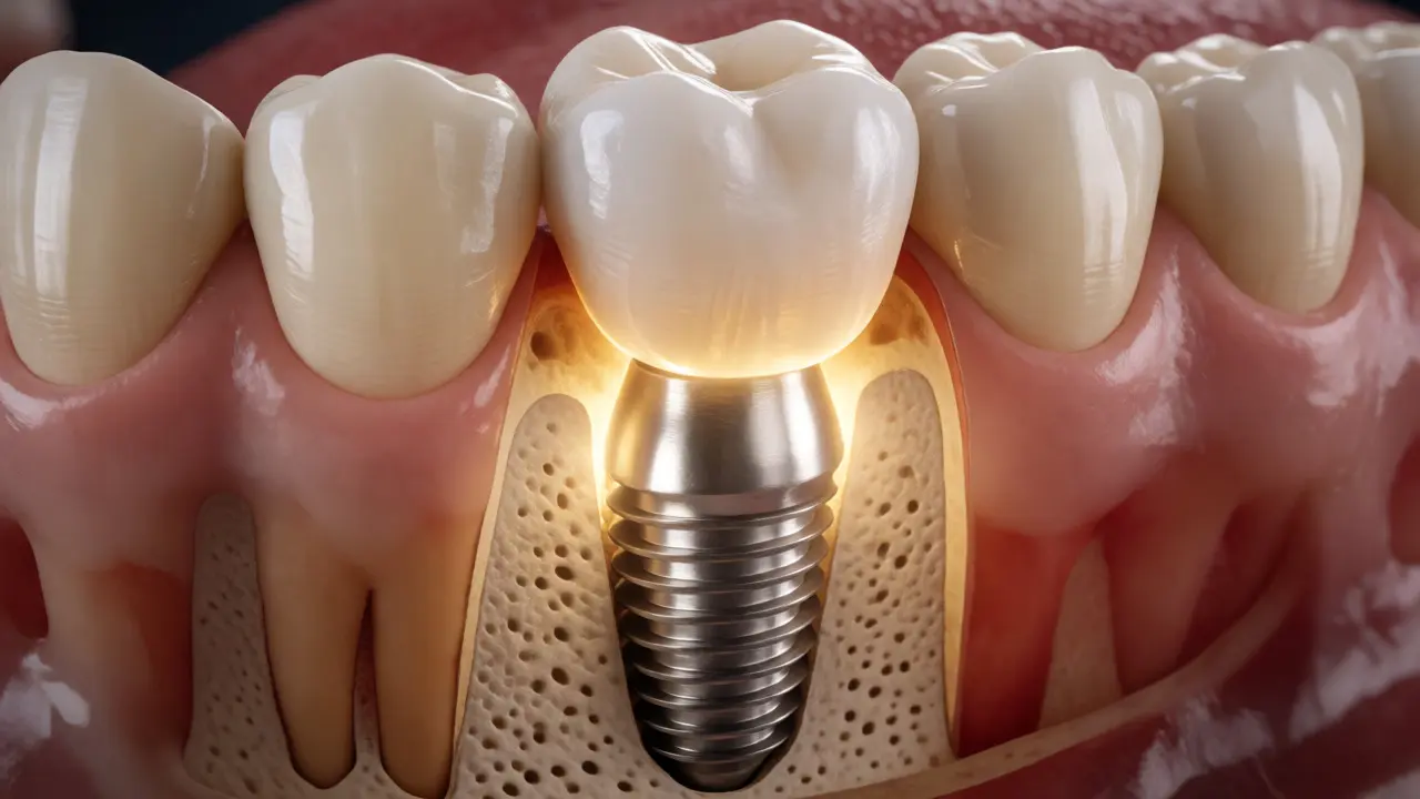 Detailní řez titanovým zubním implantátem v kosti