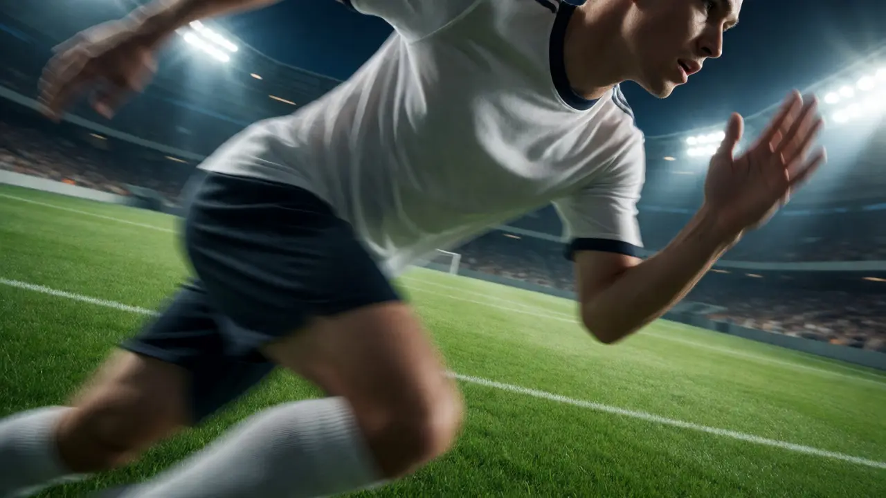 Fotbalista s průhledným chráničem zubů přes rovnátka během hry.