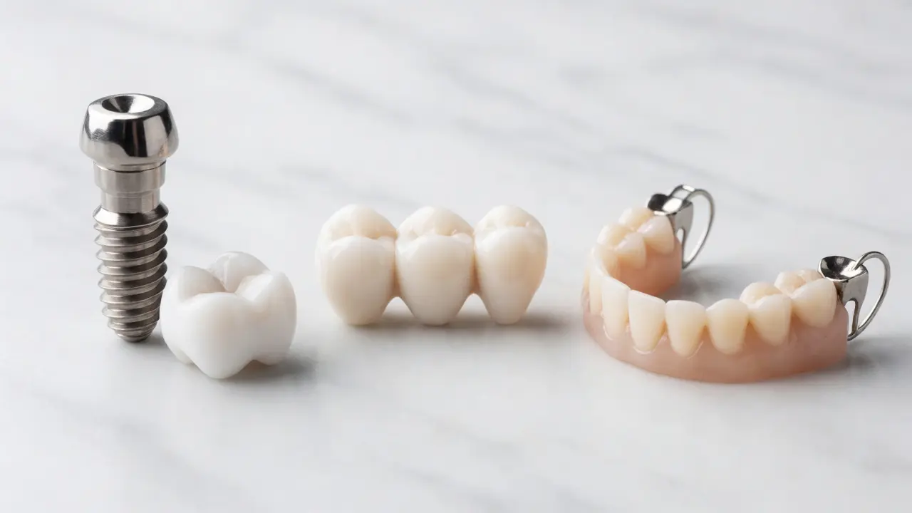 Porovnání dentálního implantátu, keramického můstku a snímatelné náhrady.