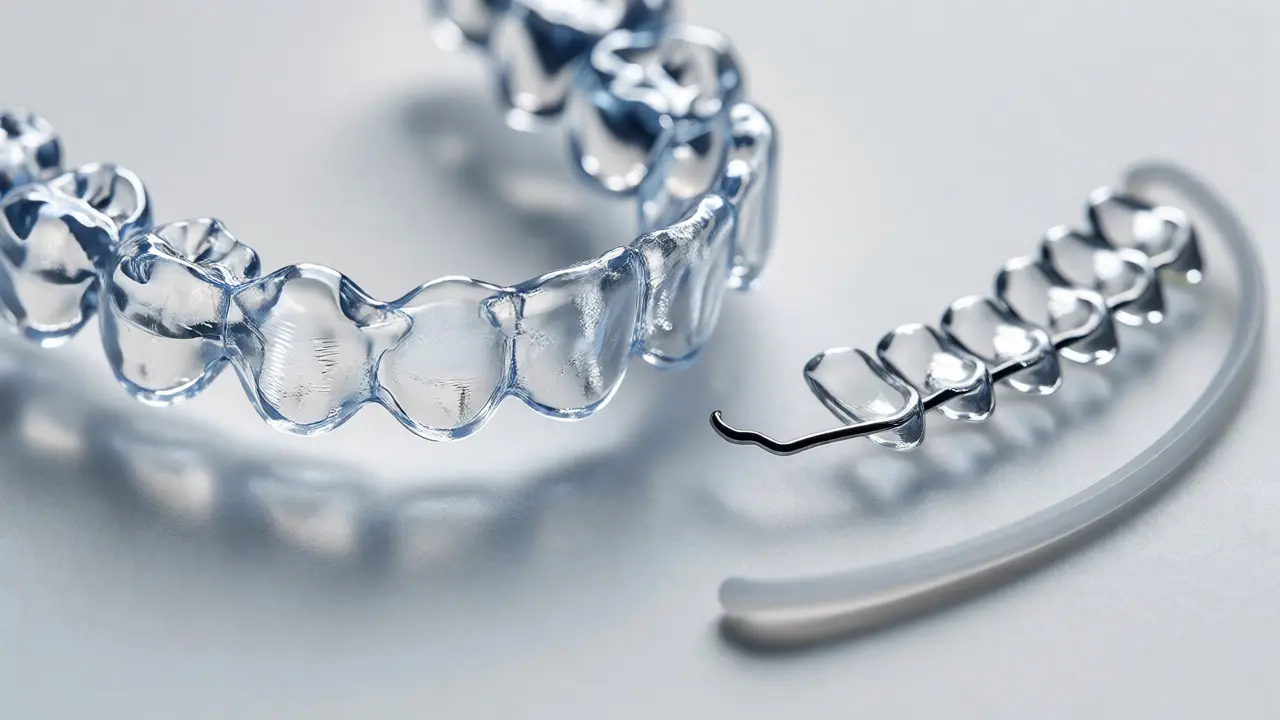 Průhledné rovnátky a fixní retainer na bílém pozadí