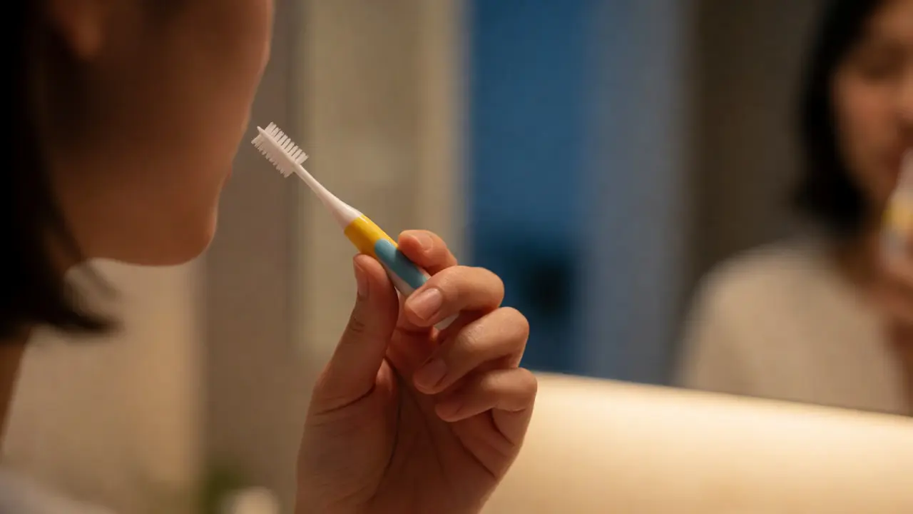 Ruka držící mezizubní kartáček při večerní hygieně úst