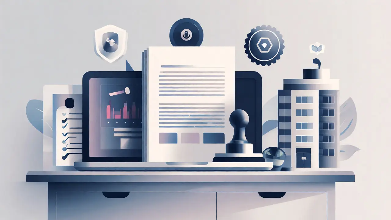 Stylizovaná ilustrace administrativní přípravy k založení ordinace
