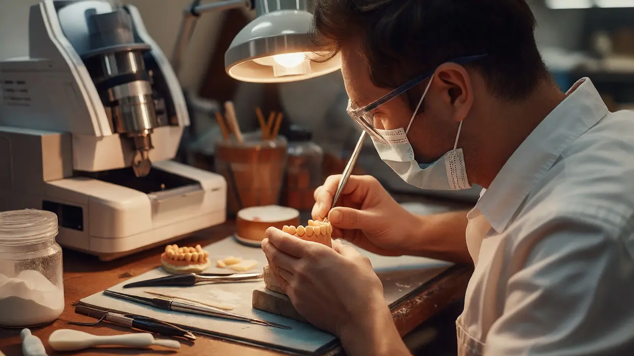 Zubní technik ručně tvaruje voskové zuby na modelu v zubní laboratoři.